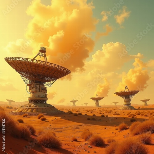 A row of massive satellite dishes in a glowing orange desert, emitting steam into the sky, creating a surreal sci-fi atmosphere. Generative, AI,