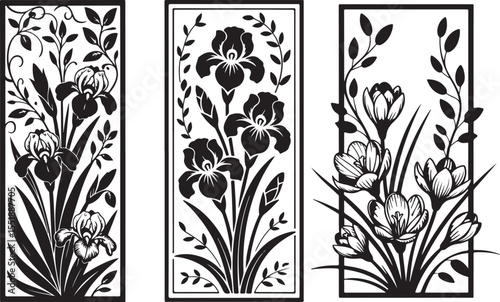 Three rectangular panels with iris  floral designs, suitable for cutouts.