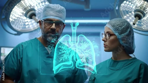 Surgeons examining futuristic holographic lungs display in modern operating room