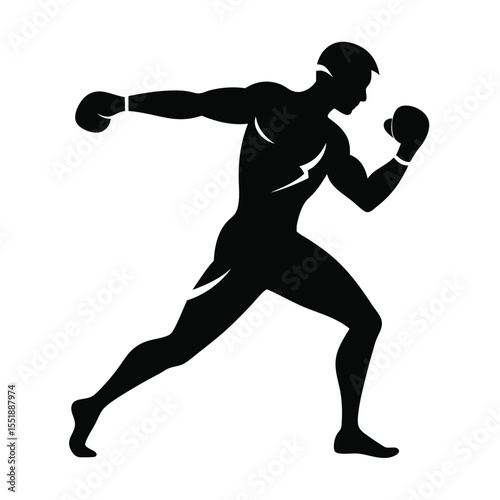 Silhouette of a boxing fighter in action striking a powerful punch motion