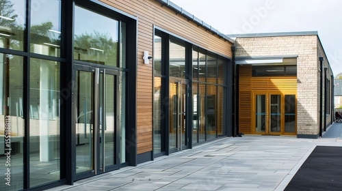 Wallpaper Mural Modern Glass School Entrance with Transparent Facade and Reflective Surfaces, Sleek Educational Architecture Featuring Minimalist Design and Natural Lighting, Empty Space for Text Torontodigital.ca