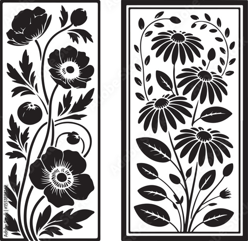 Three rectangular panels with distinct floral designs, suitable for cutouts.
