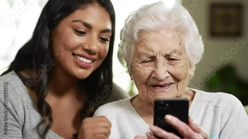 Young woman helping elderly woman to use smart phone technology