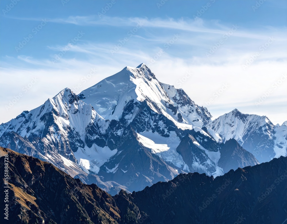 Obraz premium Majestic snow-capped mountain peak against a clear blue sky