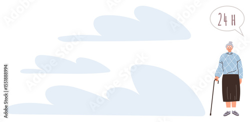 Elderly woman standing with cane and speech bubble saying 24H against soft cloud forms. Ideal for senior care, healthcare, accessibility, assistance, social support, aging programs, simple flat