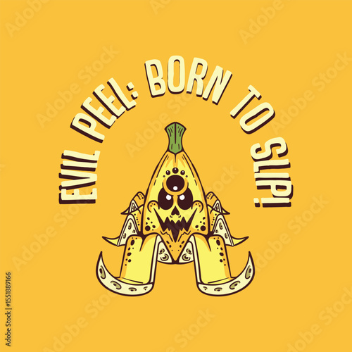 A cartoon banana with a skull face and multiple eyes