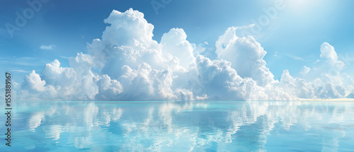 Calm ocean water reflects large fluffy clouds under bright blue summer sky with soft sunlight and horizon