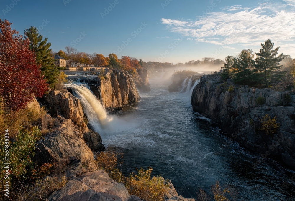 Fototapeta premium Majestic Waterfall Cascade Surrounded by Autumn Foliage and Misty River Under Clear Blue Sky in Beautiful Natural Landscape