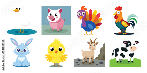 vector illustration of a set of animals ,  farm animals collection , farm animals collection , "3D Cartoon Farm Animals Collection – Cute Cow, Pig, Sheep, Goat, Hen, Rooster, Bunny and More – Vector S