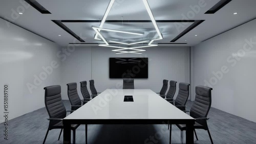 A spacious meeting area with a long, empty table, overhead geometric lighting, and a large digital screen on the wall in a quiet, modern corporate setting.