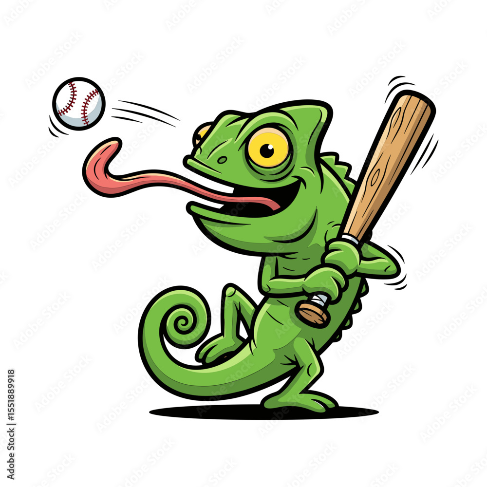 Obraz premium Playful Green Chameleon Cartoon Character Swinging Baseball Bat