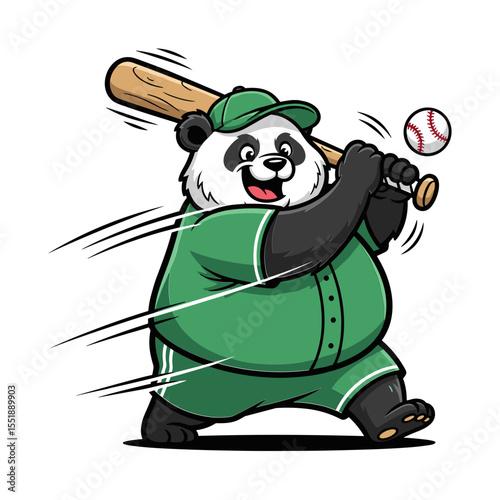 Playful Cartoon Panda Swinging Baseball Bat in Green Outfit White Background