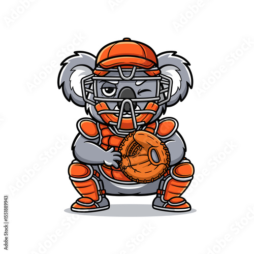Playful Koala Baseball Catcher in Orange and Gray Uniform