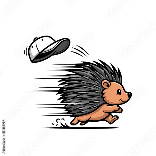 Playful Porcupine Running with Baseball Cap Cartoon Illustration