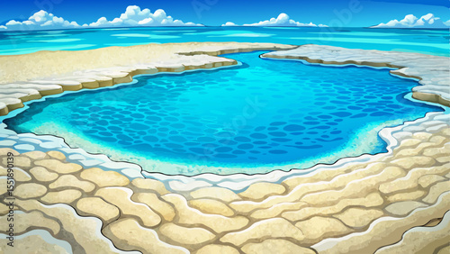 White sand lagoon beach with shallow, clear turquoise water vector perfect for tropical travel, serene coastal scenes, and summer vacation concepts