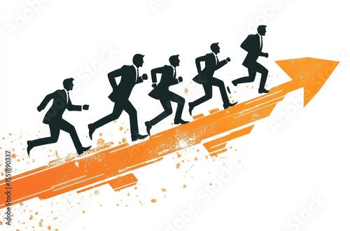 Two businessmen are depicted in a competitive scenario, jumping over broken columns, signifying progress and success in a challenging business landscape. The image emphasizes elements of competition a