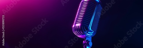 Professional microphone with neon glow banner for podcast website or music blog header, dark background, vibrant colors, 3:1 banner image with copy space on left