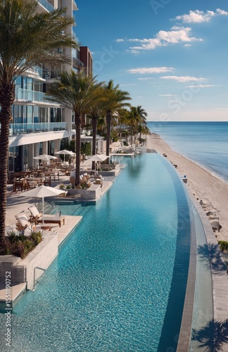 Infinity pool overlooking tropical beach at luxury resort