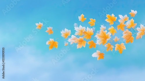 Orange and Yellow Maple Leaves Floating on a Blue Sky
