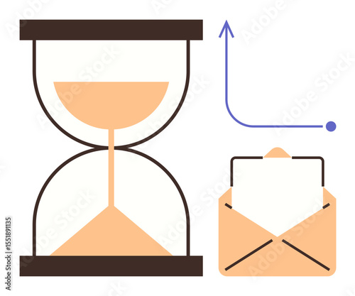 Hourglass with sand, open envelope, upward growth arrow. Ideal for time management, communication, progress, deadlines, organization efficiency and decision-making. Clean simple flat metaphor