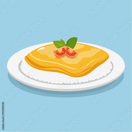 Delicious omelette dish served on rice kitchen food presentation bright blue background top view culinary delight
