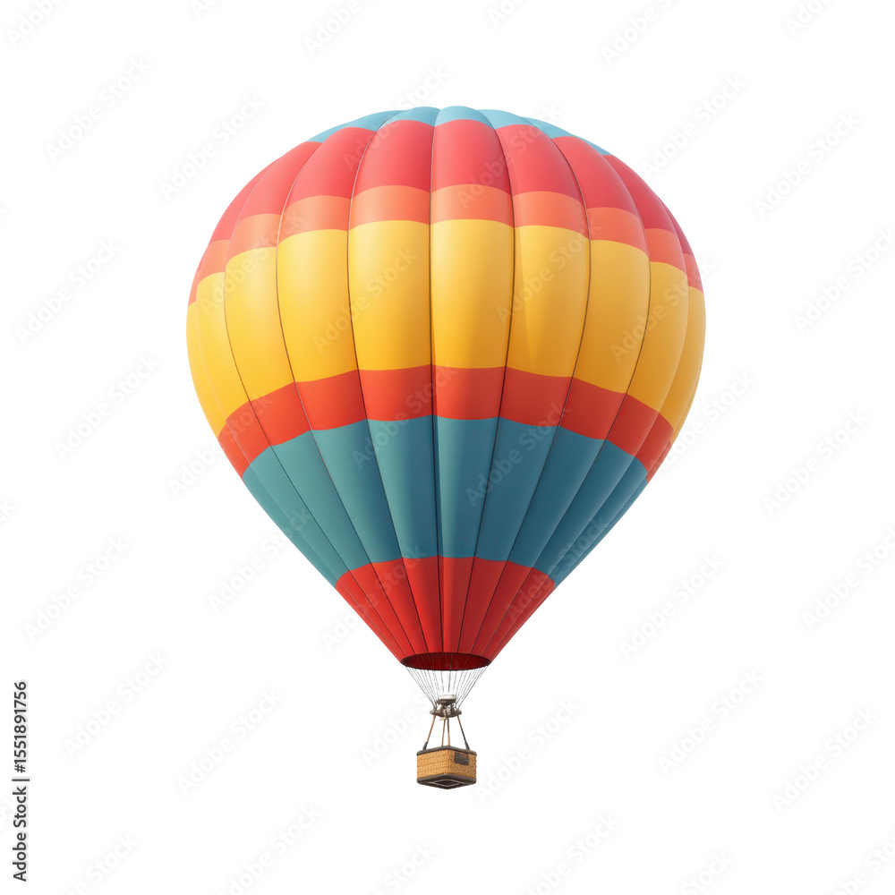 Fototapeta premium Vibrant Hot Air Balloon in Bright Colors Floating Against Clear Blue Sky in Scenic Outdoor Landscape Transparent background or PNG