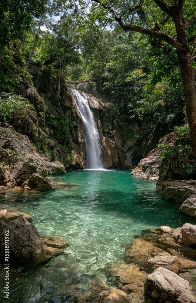 Naklejka premium Erawan waterfall cascading into turquoise pond in kanchanaburi, thailand