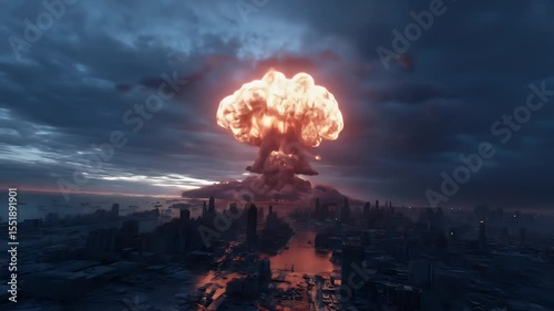 Dramatic Nuclear Explosion Over City at Dusk with Mushroom Cloud Intense Energy Glowing Effect and Apocalyptic Skyline