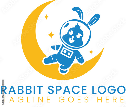 Rabbit astronaut logo design space bunny moon stars vector illustration