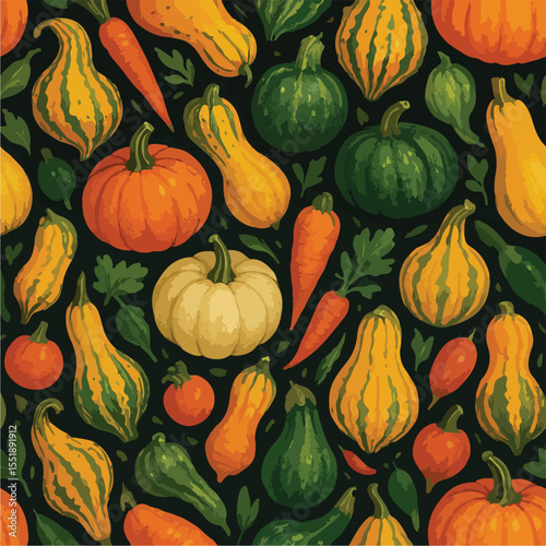Autumn Harvest Pumpkins, Gourds, and Vegetables Seamless Pattern