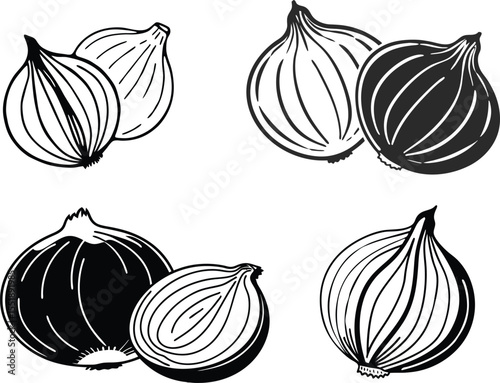 Onion silhouette vector, black and white outline clipart.