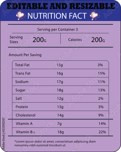 Editable and Resizable Nutrition Facts Label Template