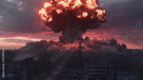 Dramatic Nuclear Explosion Over Destroyed Cityscape Showing Smoky Mushroom Cloud Against Red Sky Background and Damaged Buildings