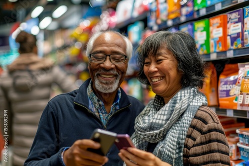 Portrait of a smiling multicultural couple in their 60s buying a smartphone in store