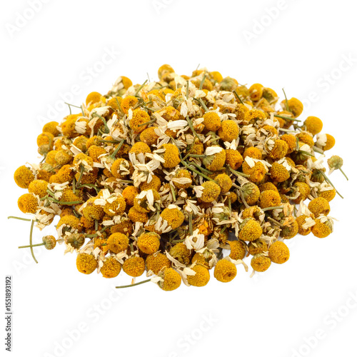 Aromatic heap of dried chamomile blossoms offering calming and therapeutic properties on transparent background