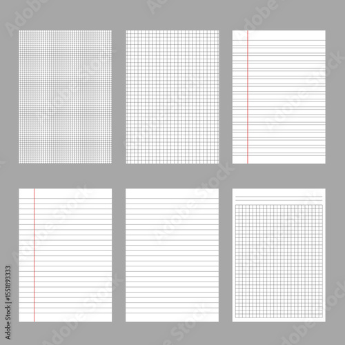 Set of school worksheet templates with lines and boxes on a gray background, educational design paper sheets, stationery, digital notebooks, and back-to-school resources