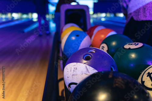 Bowling balls ready for a game night with friends