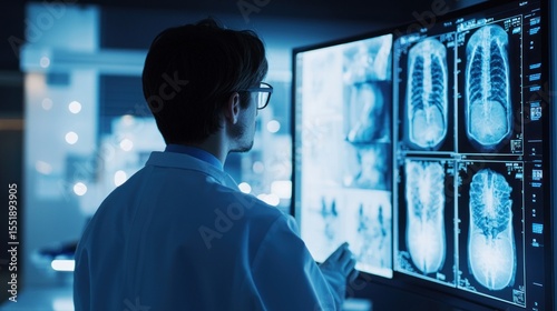 Doctor Analyzing Medical Images on Large Screen
