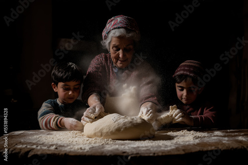 Grandmother and children baking bread in dark kitchen.
