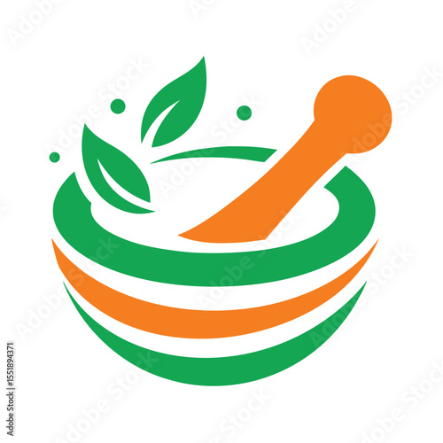 Green and orange mortar and pestle with leaves and dots herbal medicine 3
