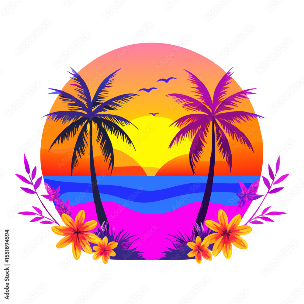 Obraz premium Bold Tropical Sunset T-Shirt Design – Symmetrical Palm Trees, Vibrant Ocean Waves, Bright Floral Foreground, High-Contrast Modern Beach Graphic Print