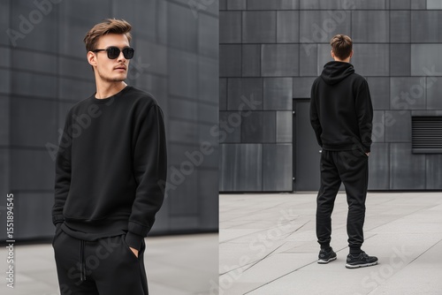 A stylish young man wearing a black hoodie and sweatpants sports suit mockup, posing outdoors against a modern architectural background. He has sunglasses on and a confident stance.