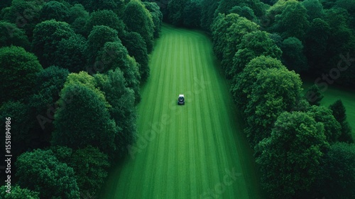 drone shot of suburban lawn being mowed in perfect lines