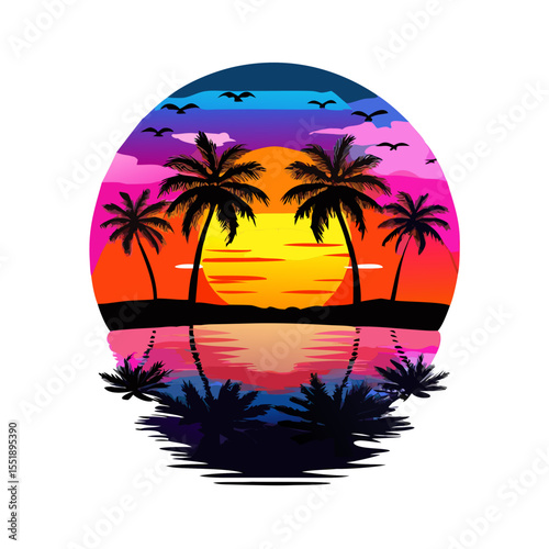 Bold Tropical Sunset T-Shirt Design – Symmetrical Palm Trees, Vibrant Ocean Waves, Bright Floral Foreground, High-Contrast Modern Beach Graphic Print

