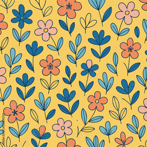 Seamless Trendy Floral Pattern  Yellow Background with Blue and Pink Flowers