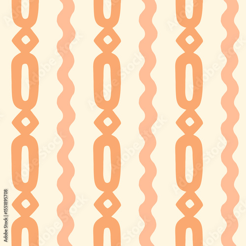 Pastel terracotta orange decorative stripes seamless pattern. Ornamental shapes, wavy lines tribal print textile border.