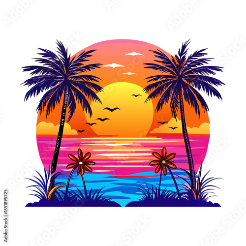 Bold Tropical Sunset T-Shirt Design – Symmetrical Palm Trees, Vibrant Ocean Waves, Bright Floral Foreground, High-Contrast Modern Beach Graphic Print

