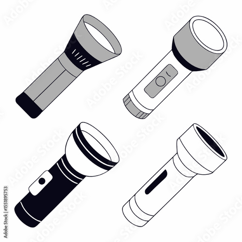 Realistic 3D Flashlight Icons Four Detailed Designs