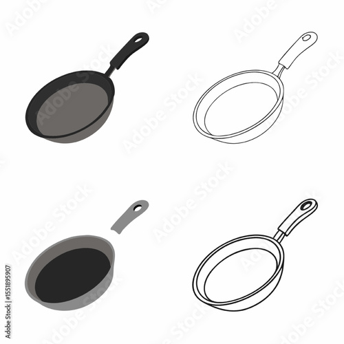 Four Frying Pan Icons Cast Iron 3D & Flat Styles