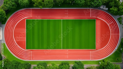 Aerial View of Empty Athletics Track Stadium Surrounded by Lush Green Trees